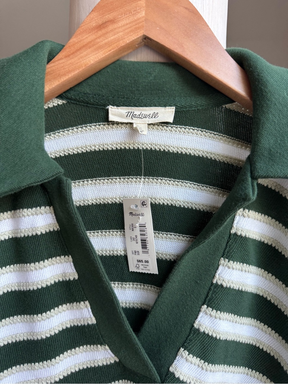 Madewell Striped Knit Polo Top Green & White Size S - Picture 2 of 7